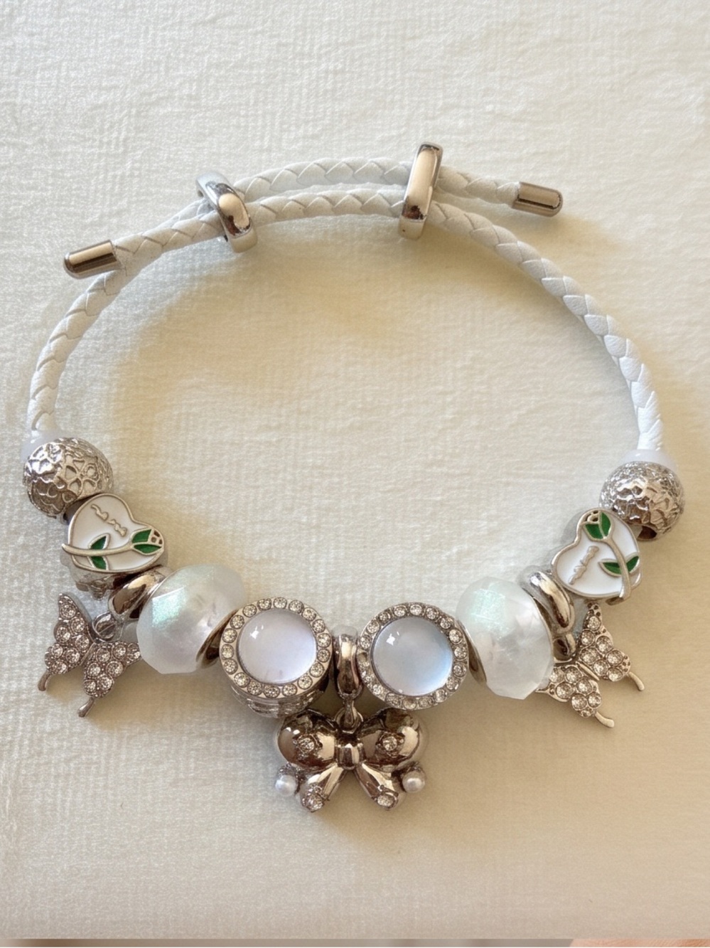 White Leather Charm Bracelet with Sparkling Butterfly & Pearl Accents